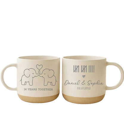 14 Years Anniversary Custom Ivory Elephant Pottery Mug, Custom 14th Wedding Anniversary Mug WD0342
