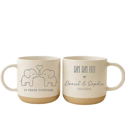 14 Years Anniversary Custom Ivory Elephant Pottery Mug, Custom 14th Wedding Anniversary Mug WD0342