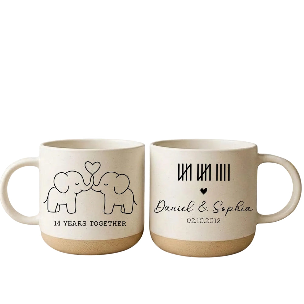 14 Years Anniversary Custom Ivory Elephant Pottery Mug, Custom 14th Wedding Anniversary Mug WD0342