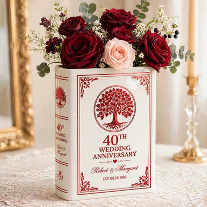Personalized 40th Wedding Anniversary Ceramic Book Vase, Custom Ruby Wedding Anniversary Book Vase WD0649