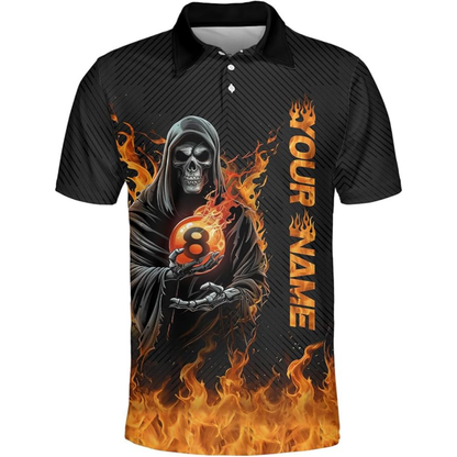 Custom Skull Flame 8 Ball Billiard Team Polo Shirts For Men, Custom Skull Billiard Shirts BIZ0084