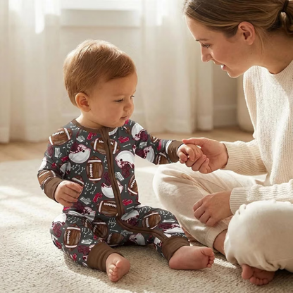 Football Baby Romper Convertibler Zipper Brown, Football Baby Romper Convertible BB0616