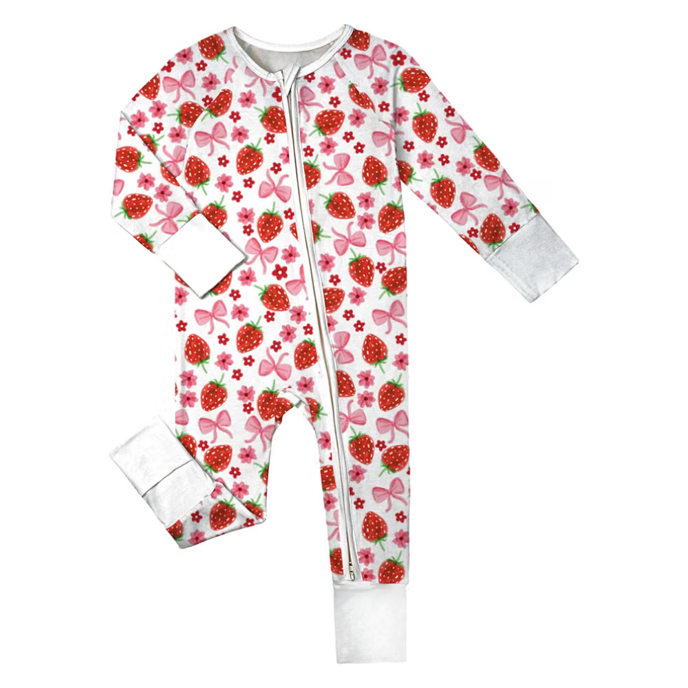 Strawberry And Bow Baby Convertible Zipper Romper, Strawberry Baby Romper Convertible BB0440