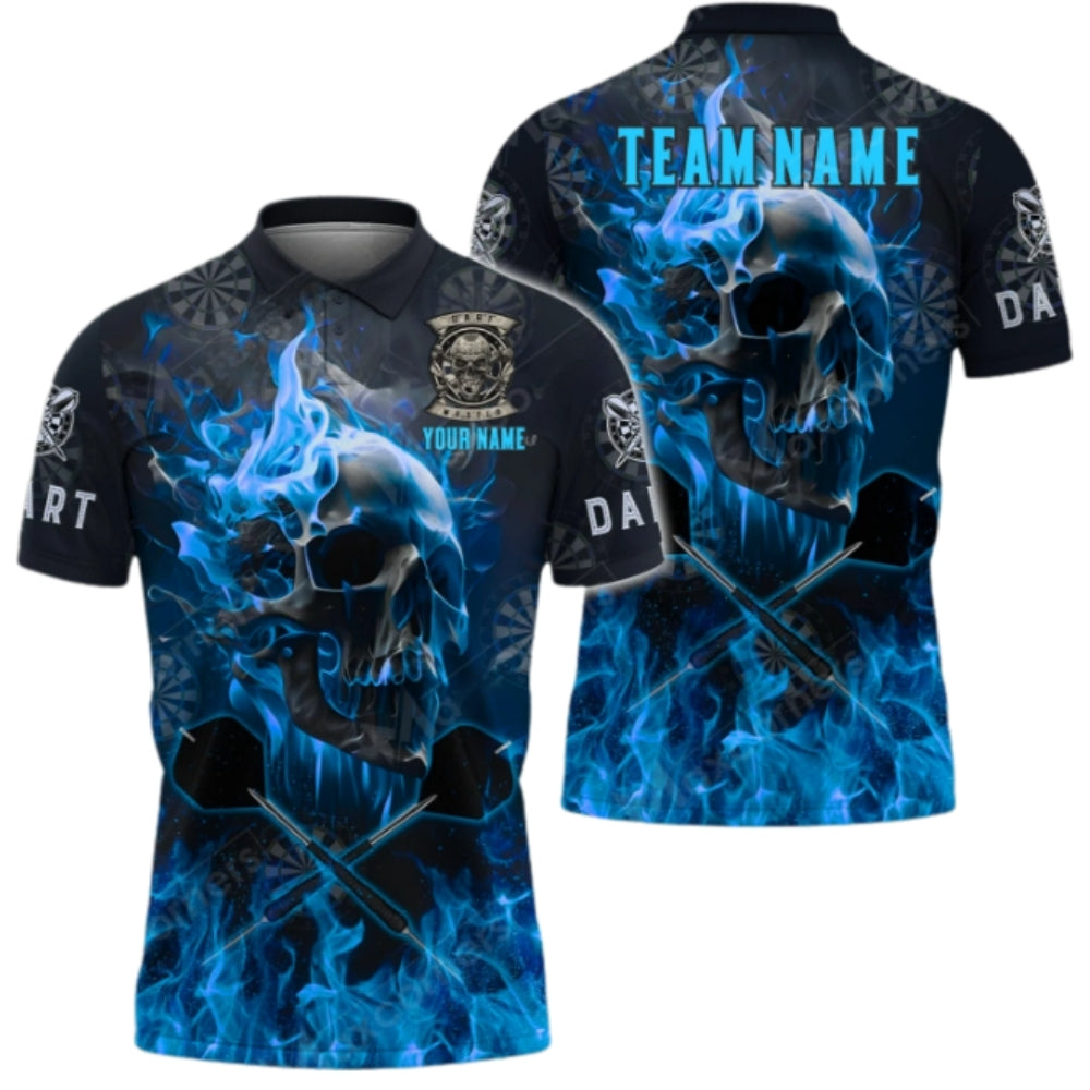 Custom Skull Blue Flame Dart Polo Shirt Mens, Custom Skull Dart Team Shirts DZ0044