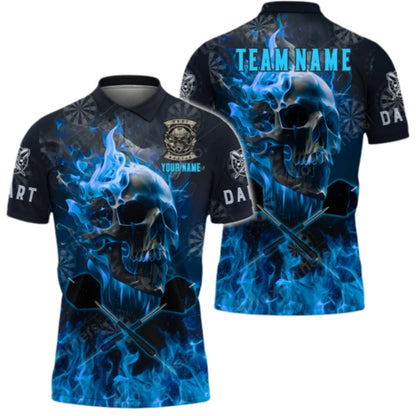 Custom Skull Blue Flame Dart Polo Shirt Mens, Custom Skull Dart Team Shirts DZ0044