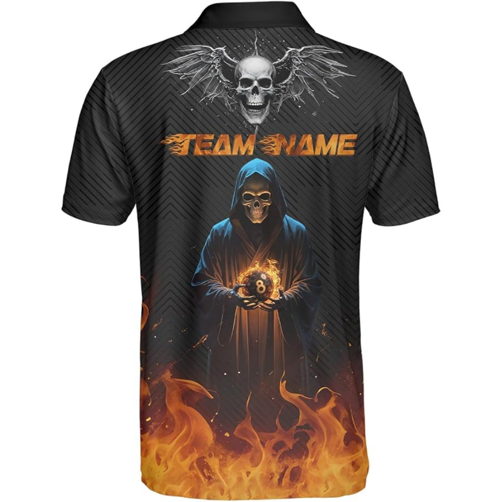 Custom Skull Flame 8 Ball Billiard Team Polo Shirts For Men, Custom Skull Billiard Shirts BIZ0084
