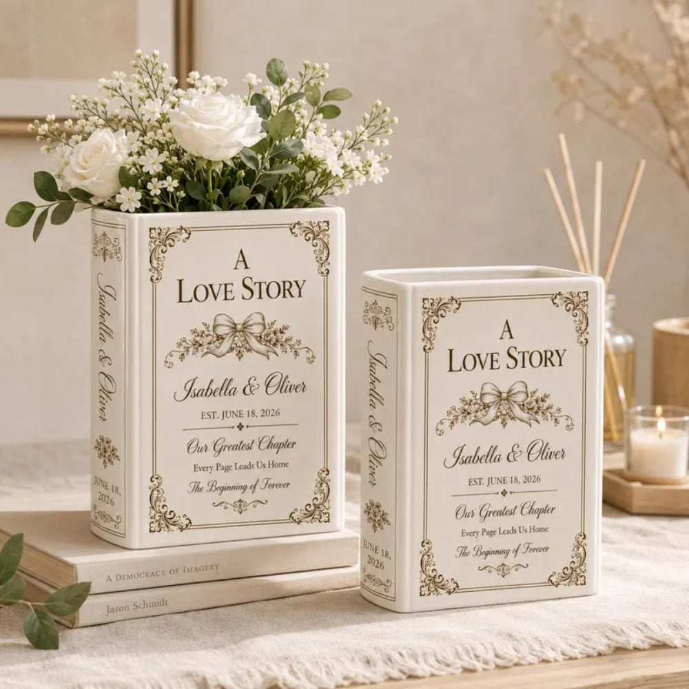 Personalised A Love Story Wedding Ceramic Book Vase, Custom Wedding Book Vase WD0650