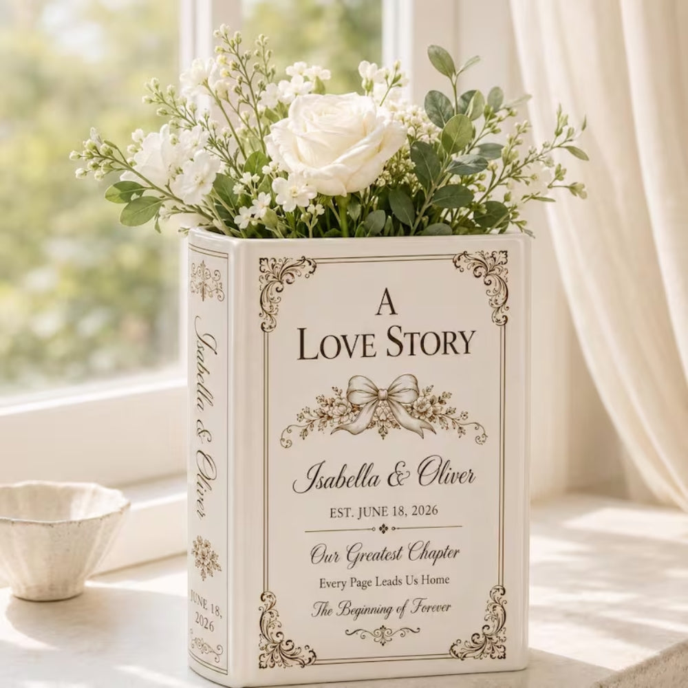 Personalised A Love Story Wedding Ceramic Book Vase, Custom Wedding Book Vase WD0650