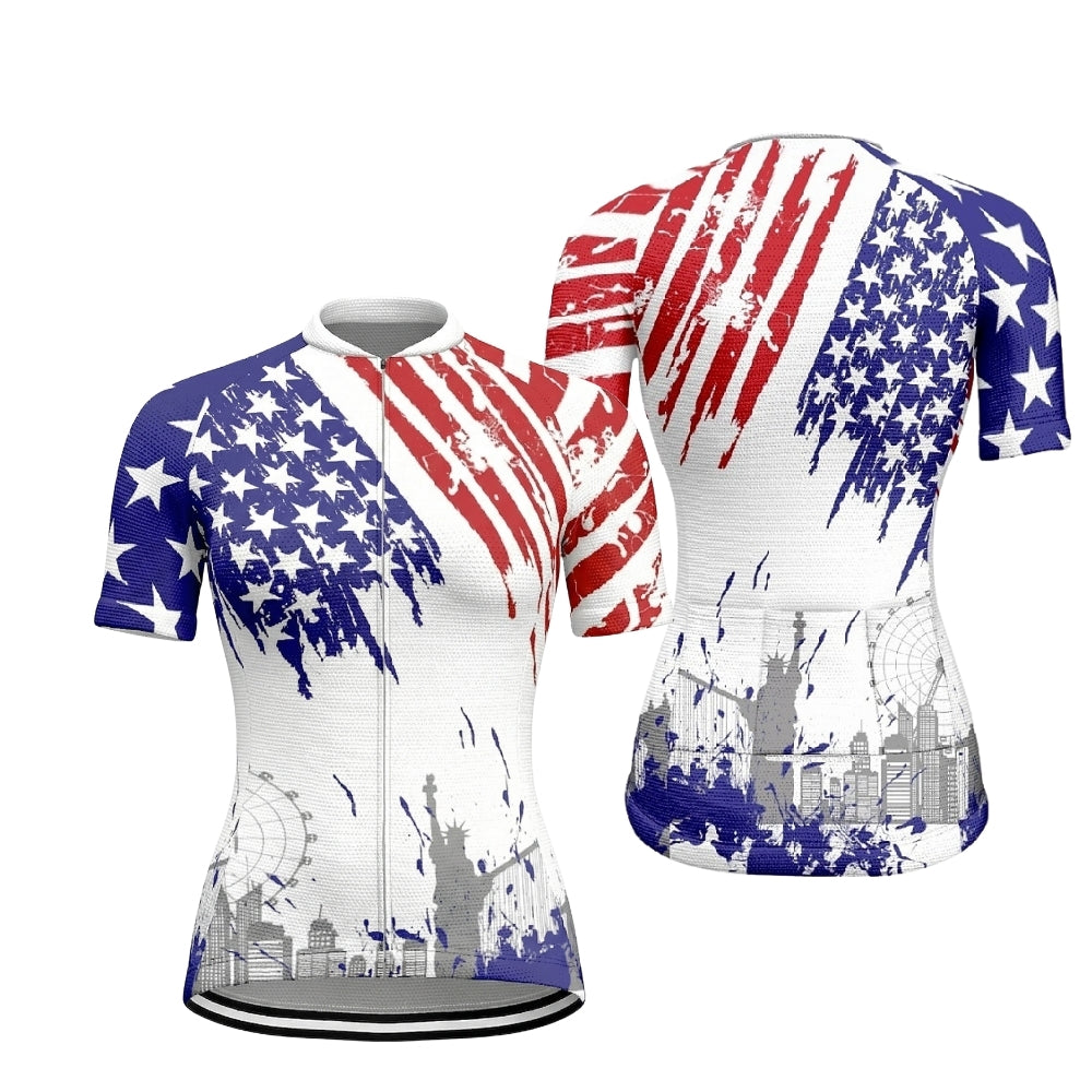 American Flag Grunge Short Sleeve Cycling Jersey For Women, Patriotic Cycling Jersey For Ladies CZ0145