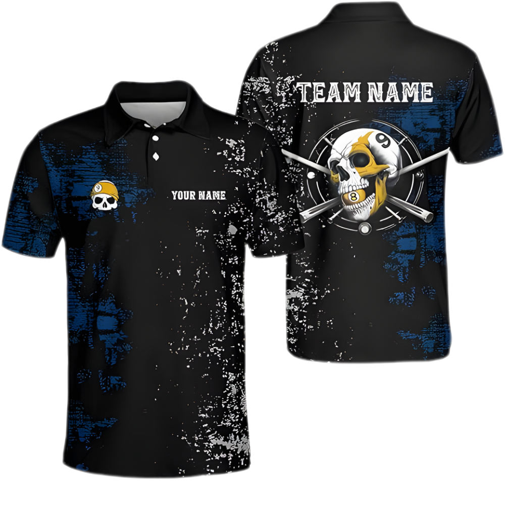 Custom Skull Black Blue Grunge Billiard Polo Shirt Men, Cum Skull Billiard Team Shirts BIZ0085