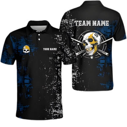 Custom Skull Black Blue Grunge Billiard Polo Shirt Men, Cum Skull Billiard Team Shirts BIZ0085