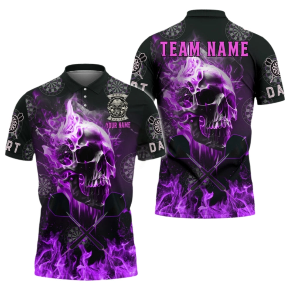 Custom Skull Blue Flame Dart Polo Shirt Mens, Custom Skull Dart Team Shirts DZ0044