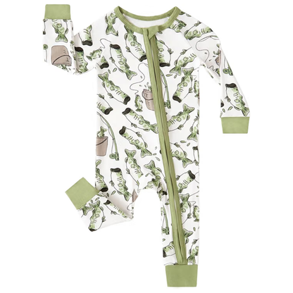 Fishing Baby Convertible Zipper Romper Green And White, Fishing Baby Romper Convertible BB0441