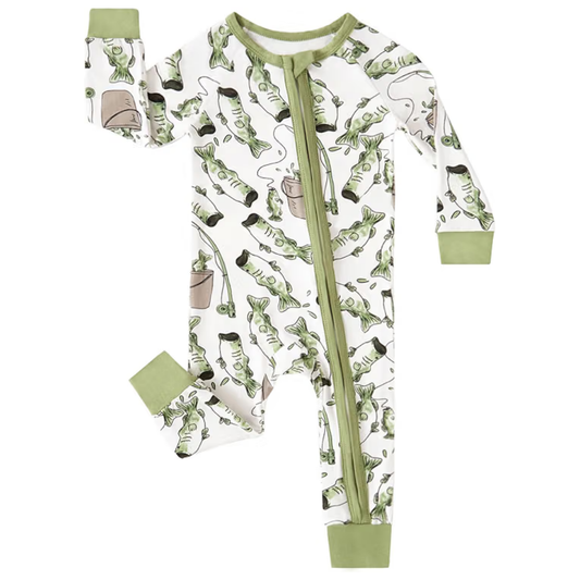 Fishing Baby Convertible Zipper Romper Green And White, Fishing Baby Romper Convertible BB0441