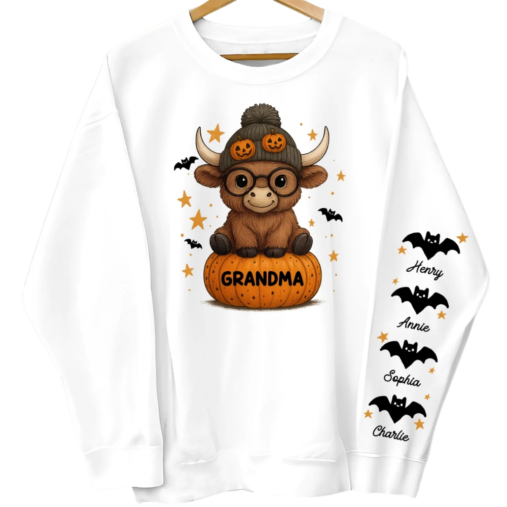 Custom Highland Cow Grandma Pumpkin Sweatshirt For Halloween, Custom Halloween Sweatshirt For Grandmother 2D1022