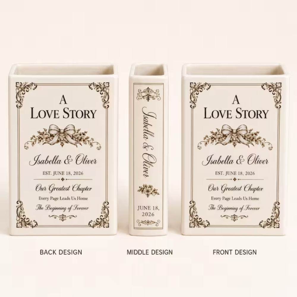 Personalised A Love Story Wedding Ceramic Book Vase, Custom Wedding Book Vase WD0650