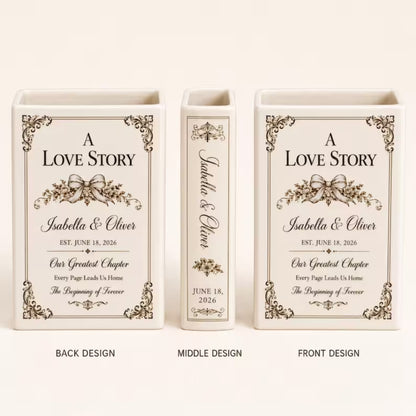 Personalised A Love Story Wedding Ceramic Book Vase, Custom Wedding Book Vase WD0650