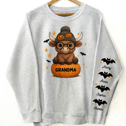 Custom Highland Cow Grandma Pumpkin Sweatshirt For Halloween, Custom Halloween Sweatshirt For Grandmother 2D1022