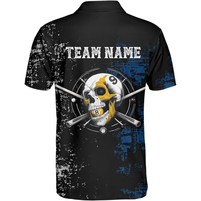 Custom Skull Black Blue Grunge Billiard Polo Shirt Men, Cum Skull Billiard Team Shirts BIZ0085
