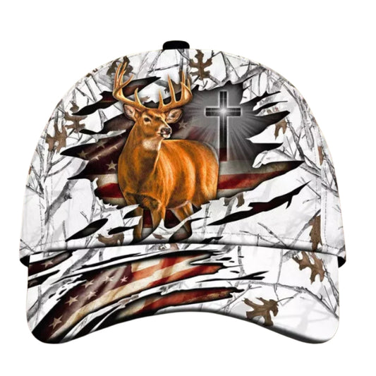 Custom American Cross And Deer White Hunting Cap, Custom Christian Patriotic Deer Hunting Cap CP0342