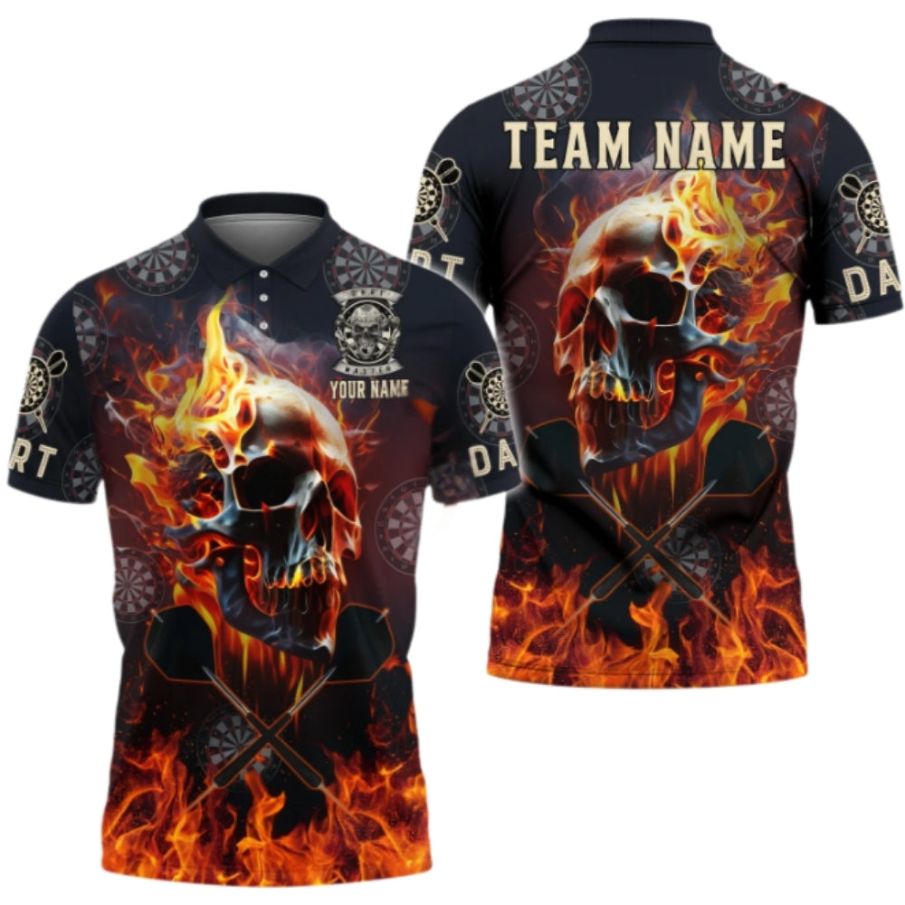 Custom Skull Blue Flame Dart Polo Shirt Mens, Custom Skull Dart Team Shirts DZ0044