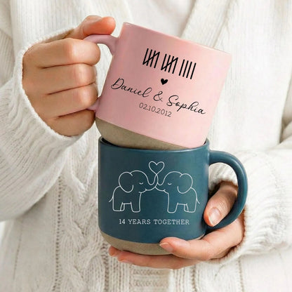 14 Years Anniversary Custom Ivory Elephant Pottery Mug, Custom 14th Wedding Anniversary Mug WD0342