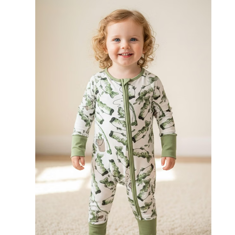 Fishing Baby Convertible Zipper Romper Green And White, Fishing Baby Romper Convertible BB0441