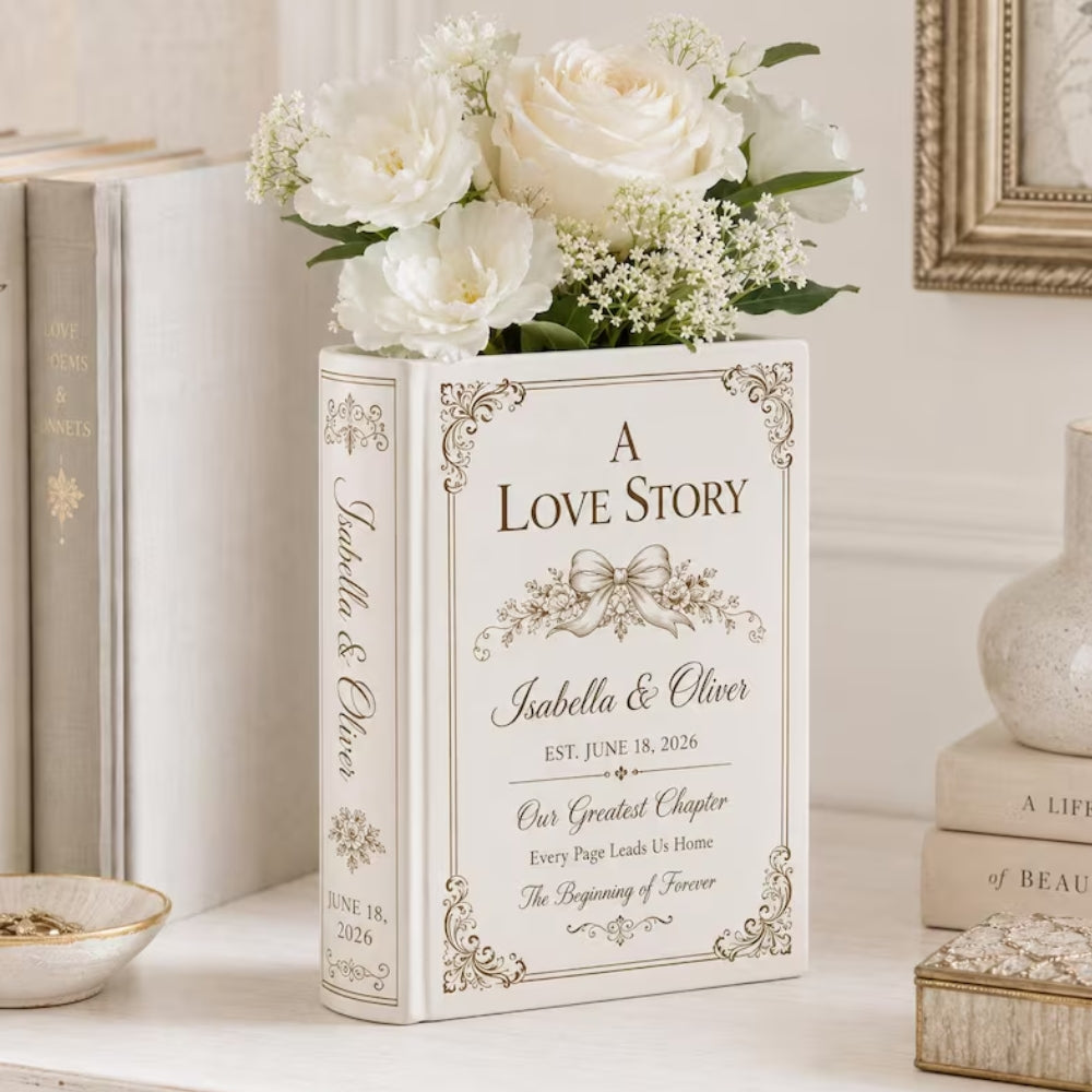 Personalised A Love Story Wedding Ceramic Book Vase, Custom Wedding Book Vase WD0650