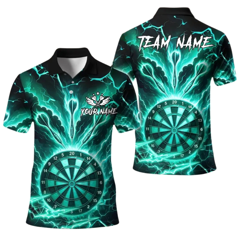 Custom Cyan Thunder Lightning Darts Polo Shirt For Mens, Custom Team Darts Shirts DE0061