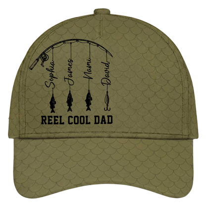 Reel Cool Dad Custom Kids Names Baseball Cap 3D Printed, Custom Fishing Lover Cap For Dad CP0537