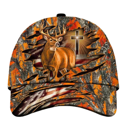 Custom American Cross And Deer White Hunting Cap, Custom Christian Patriotic Deer Hunting Cap CP0342