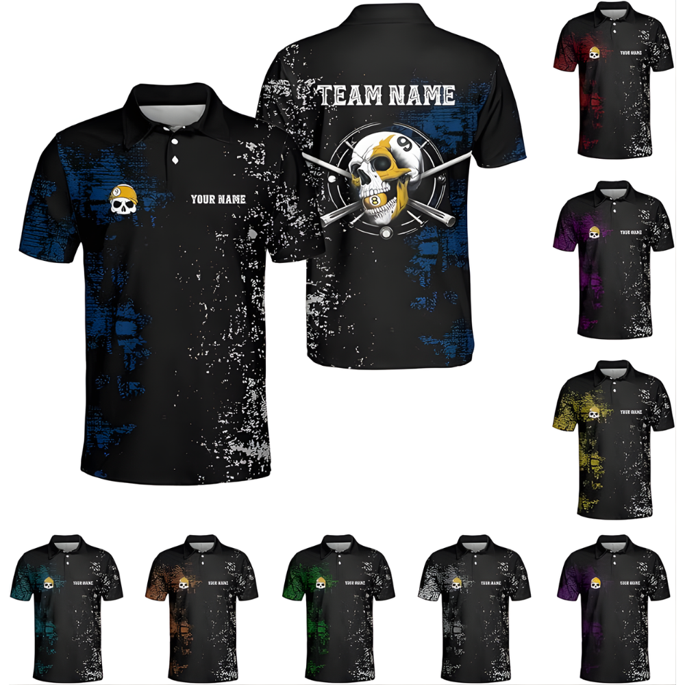 Custom Skull Black Blue Grunge Billiard Polo Shirt Men, Cum Skull Billiard Team Shirts BIZ0085