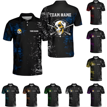 Custom Skull Black Blue Grunge Billiard Polo Shirt Men, Cum Skull Billiard Team Shirts BIZ0085