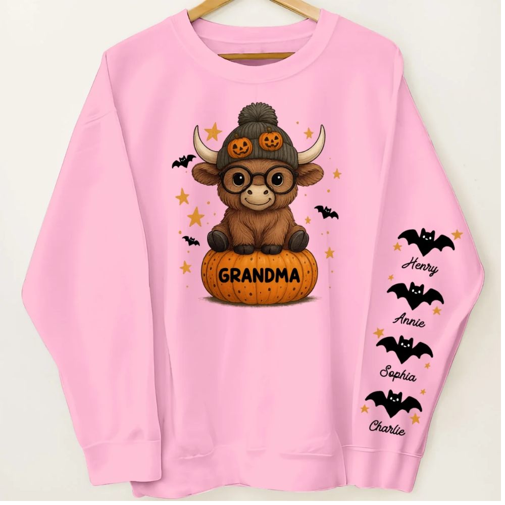 Custom Highland Cow Grandma Pumpkin Sweatshirt For Halloween, Custom Halloween Sweatshirt For Grandmother 2D1022