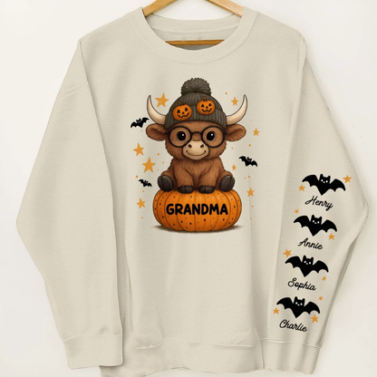 Custom Highland Cow Grandma Pumpkin Sweatshirt For Halloween, Custom Halloween Sweatshirt For Grandmother 2D1022