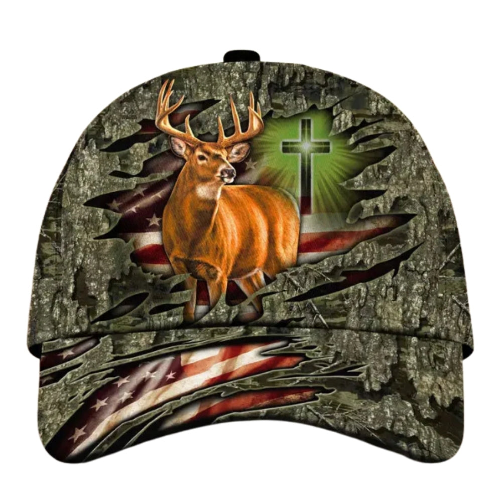 Custom American Cross And Deer White Hunting Cap, Custom Christian Patriotic Deer Hunting Cap CP0342