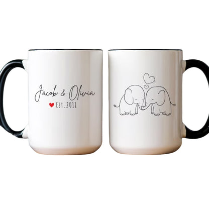 Personalized Ivory 14th Wedding Anniversary Mug, Personalized 14th Anniversary Elephant Couple Mug WD0023