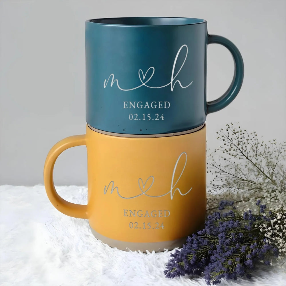 Custom Engaged Couple Initials Pottery Mug, Custom Wedding Engagement Mug WD0343