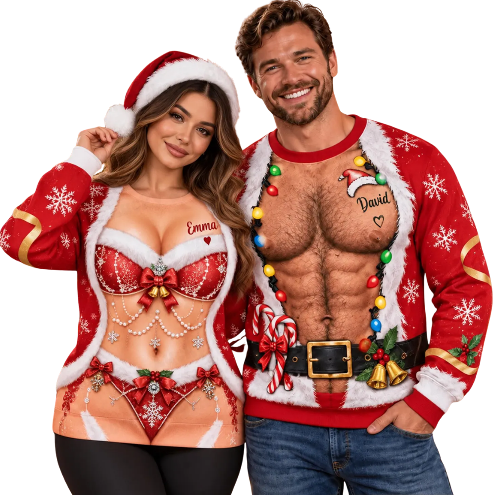 Custom Funny Santa Belly Couple Matching 3D Sweatshirt, Personalized Funny Christmas Matching His And Her Sweater 2D1168