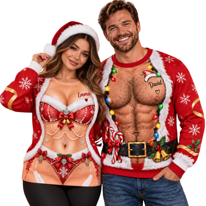Custom Funny Santa Belly Couple Matching 3D Sweatshirt, Personalized Funny Christmas Matching His And Her Sweater 2D1168