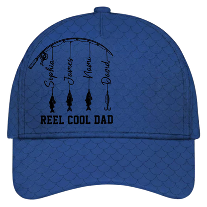 Reel Cool Dad Custom Kids Names Baseball Cap 3D Printed, Custom Fishing Lover Cap For Dad CP0537