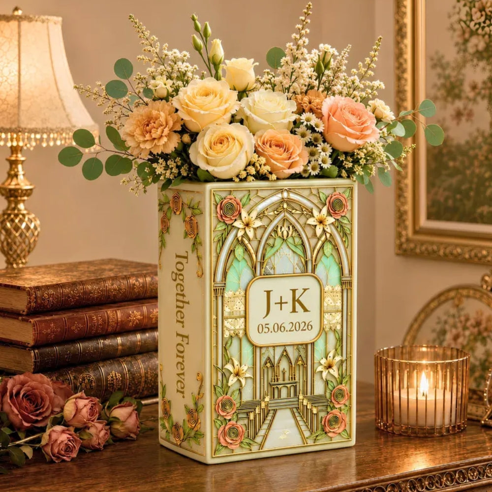 Custom Couple Initials Stained Glass Wedding Ceramic Book Vase, Custom Wedding Book Vase WD0651