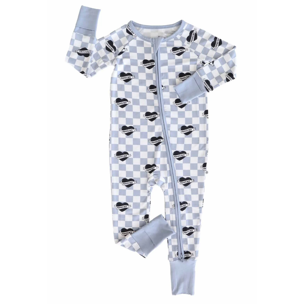Mama's Boy Blue Checkered Baby Convertible Romper Zipper, Baby Boy Convertible Romper BB0839