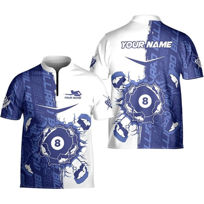 Custom Billiard Jersey Team Shirts, Custom White Blue Break 8 Ball Billiards Team Shirts BIZ0087