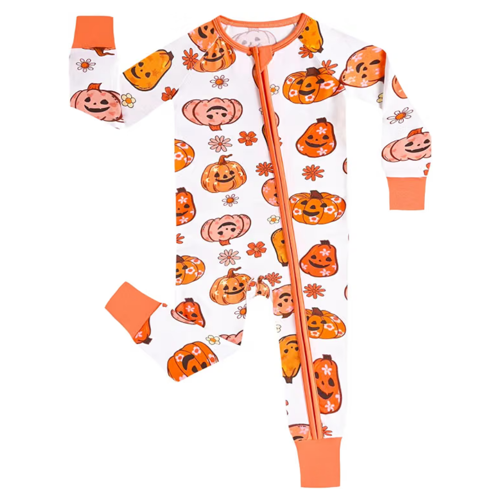 Pumpkin Floral Halloween Baby Romper Convertible Zipper, Halloween Convertible Romper For Baby BB0443