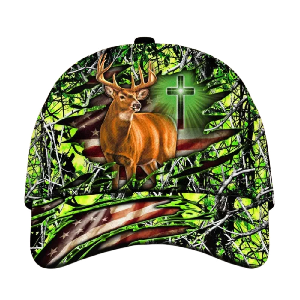 Custom American Cross And Deer White Hunting Cap, Custom Christian Patriotic Deer Hunting Cap CP0342