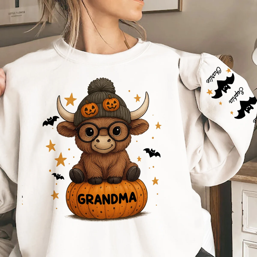 Custom Highland Cow Grandma Pumpkin Sweatshirt For Halloween, Custom Halloween Sweatshirt For Grandmother 2D1022