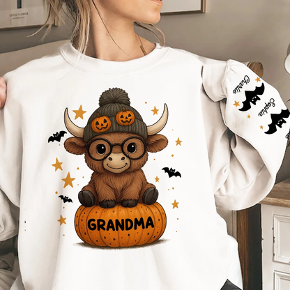 Custom Highland Cow Grandma Pumpkin Sweatshirt For Halloween, Custom Halloween Sweatshirt For Grandmother 2D1022