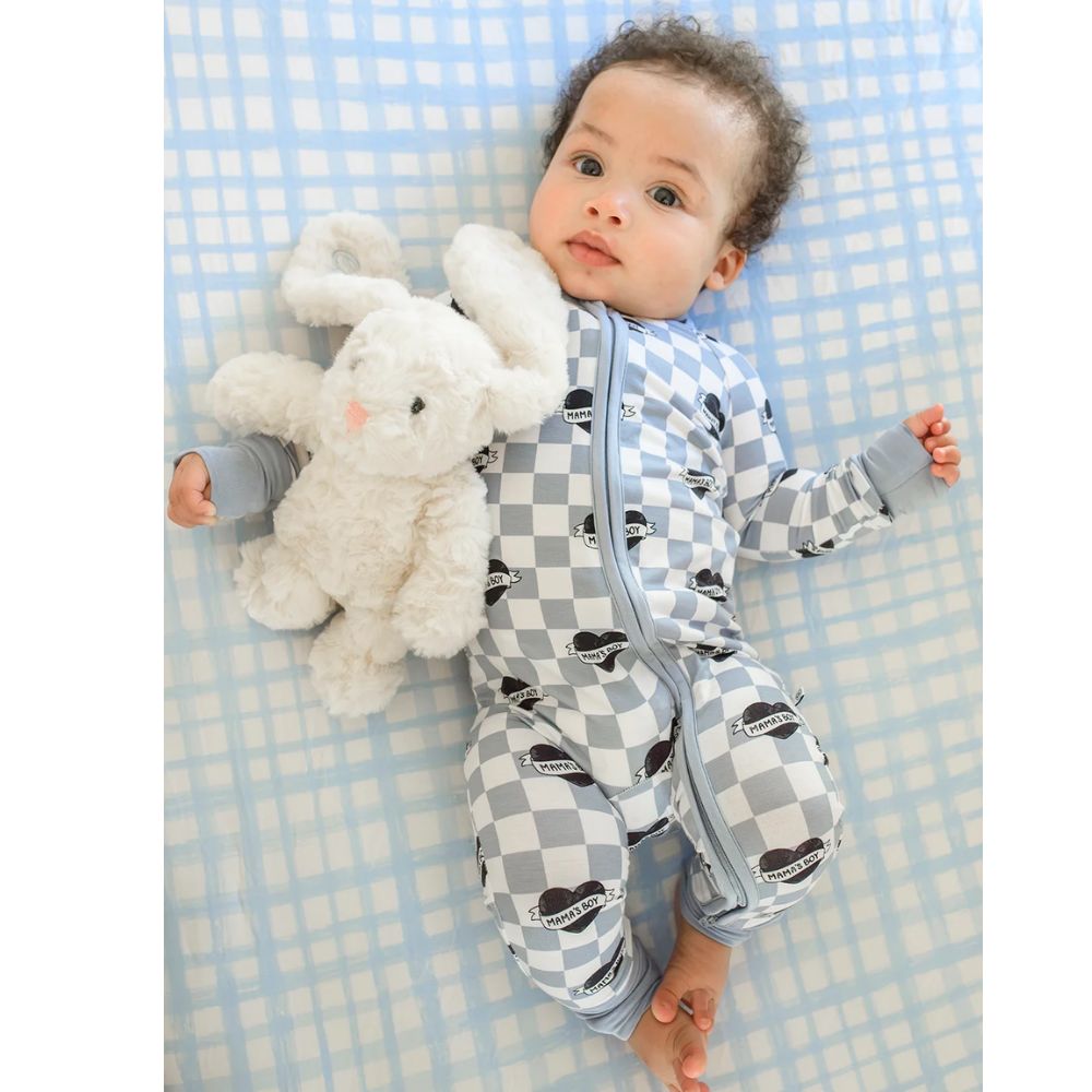 Mama's Boy Blue Checkered Baby Convertible Romper Zipper, Baby Boy Convertible Romper BB0839