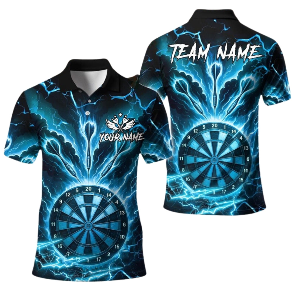 Custom Cyan Thunder Lightning Darts Polo Shirt For Mens, Custom Team Darts Shirts DE0061